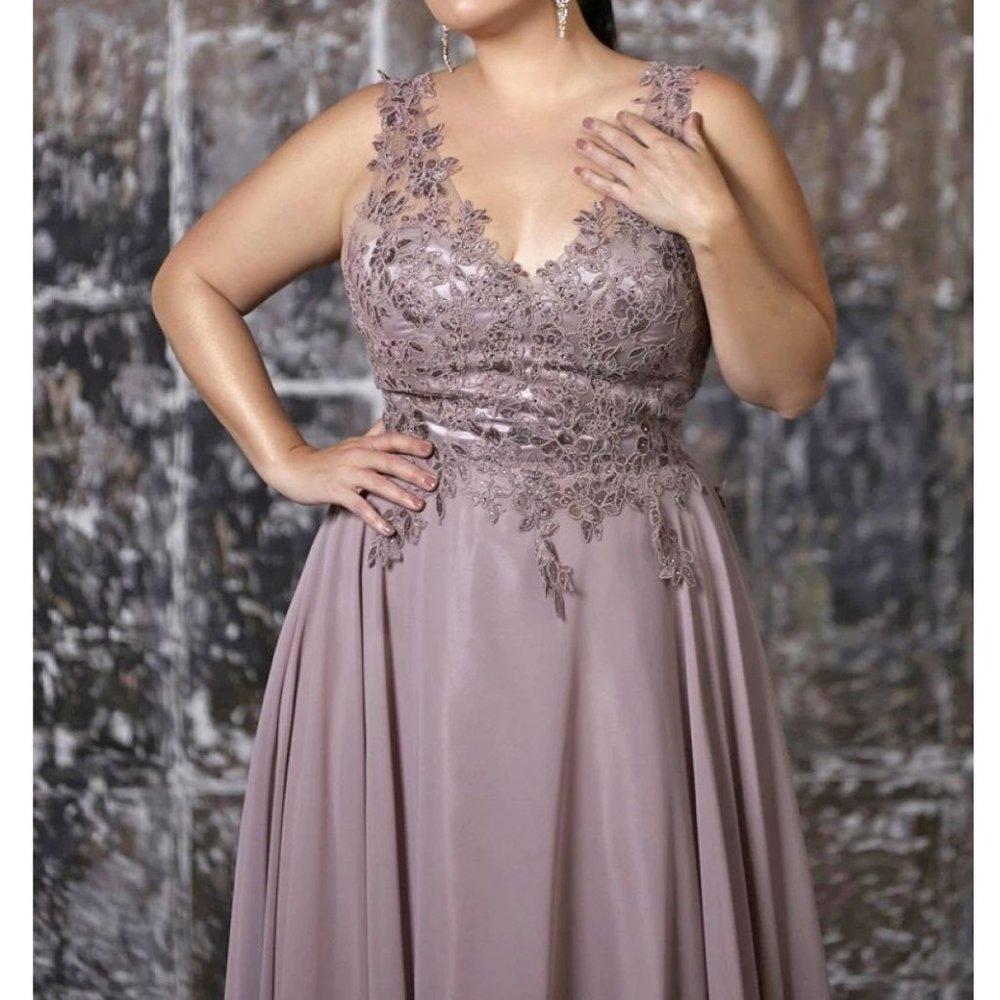 Cinderella Divine Mauve Purple Illusion Floral Chiffon Formal A-line Gown 10